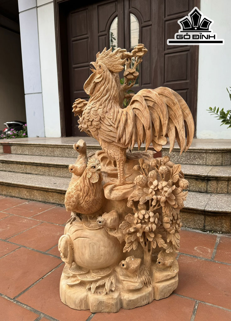 Tượng Gia Đình Gà Gỗ Ngọc Am Cao 95 Ngang 55 Sâu 38 (cm)