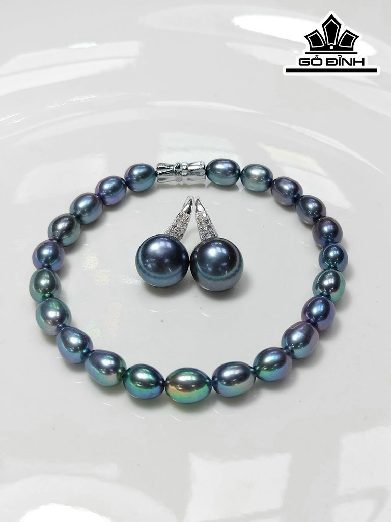 Set 2 Món Ngọc Trai Bán Cầu Xanh Đen Size 5-6 li