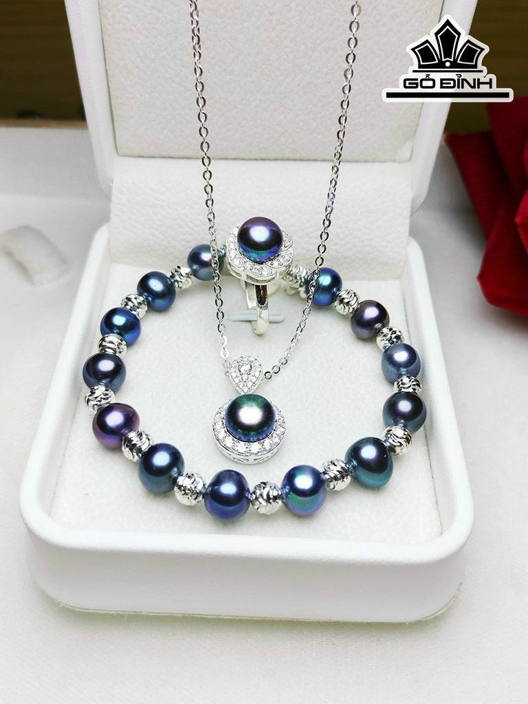 Set 3 Món Ngọc Trai Xanh Đen Size 7-8 li