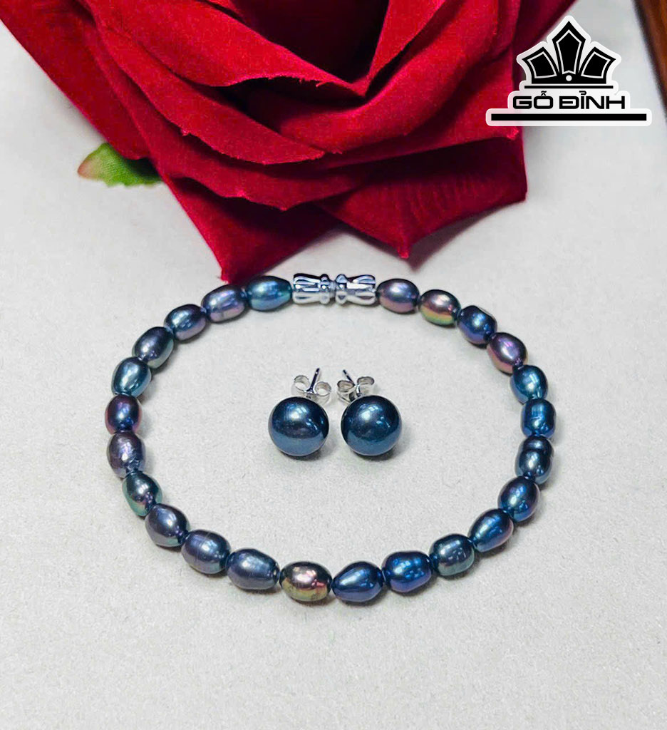 Set 2 Món Vòng Tay Ngọc Trai Xanh Đen Size 5 Li