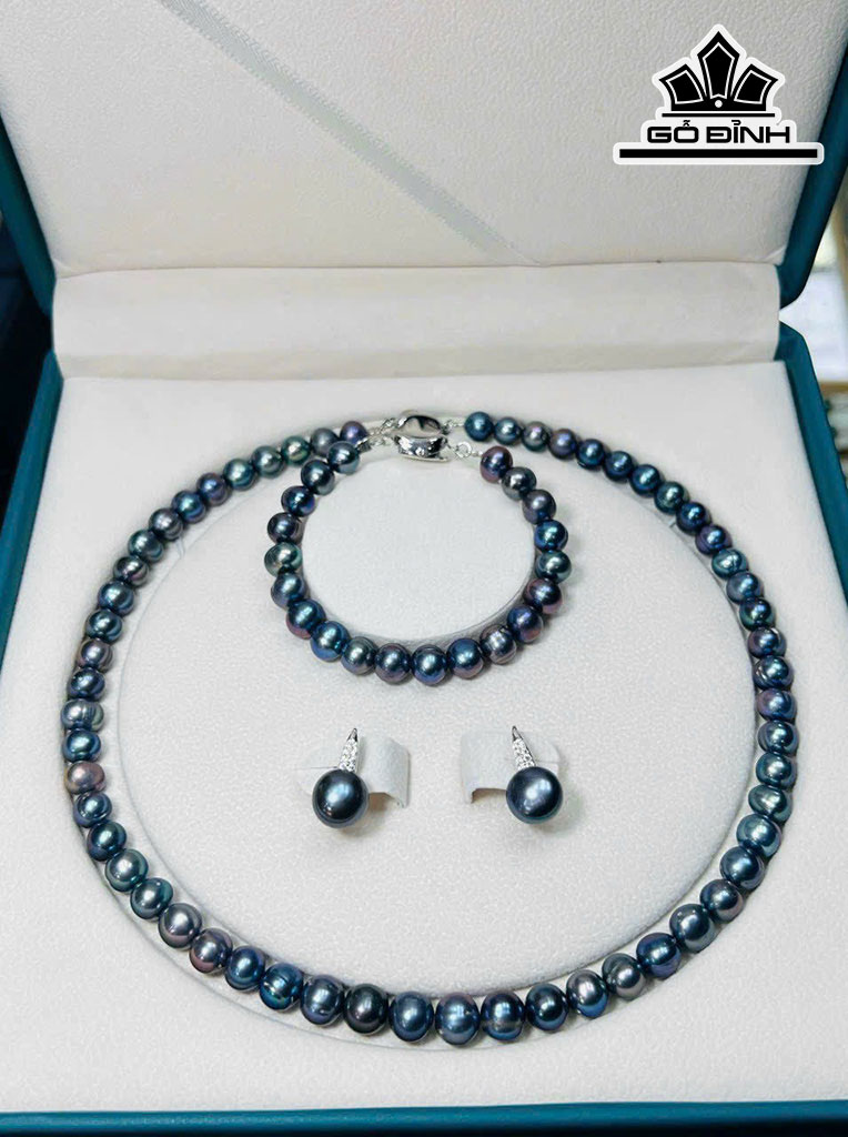 Set 3 Món Dây Chuyền Ngọc Trai Xanh Đen Size 8 Li