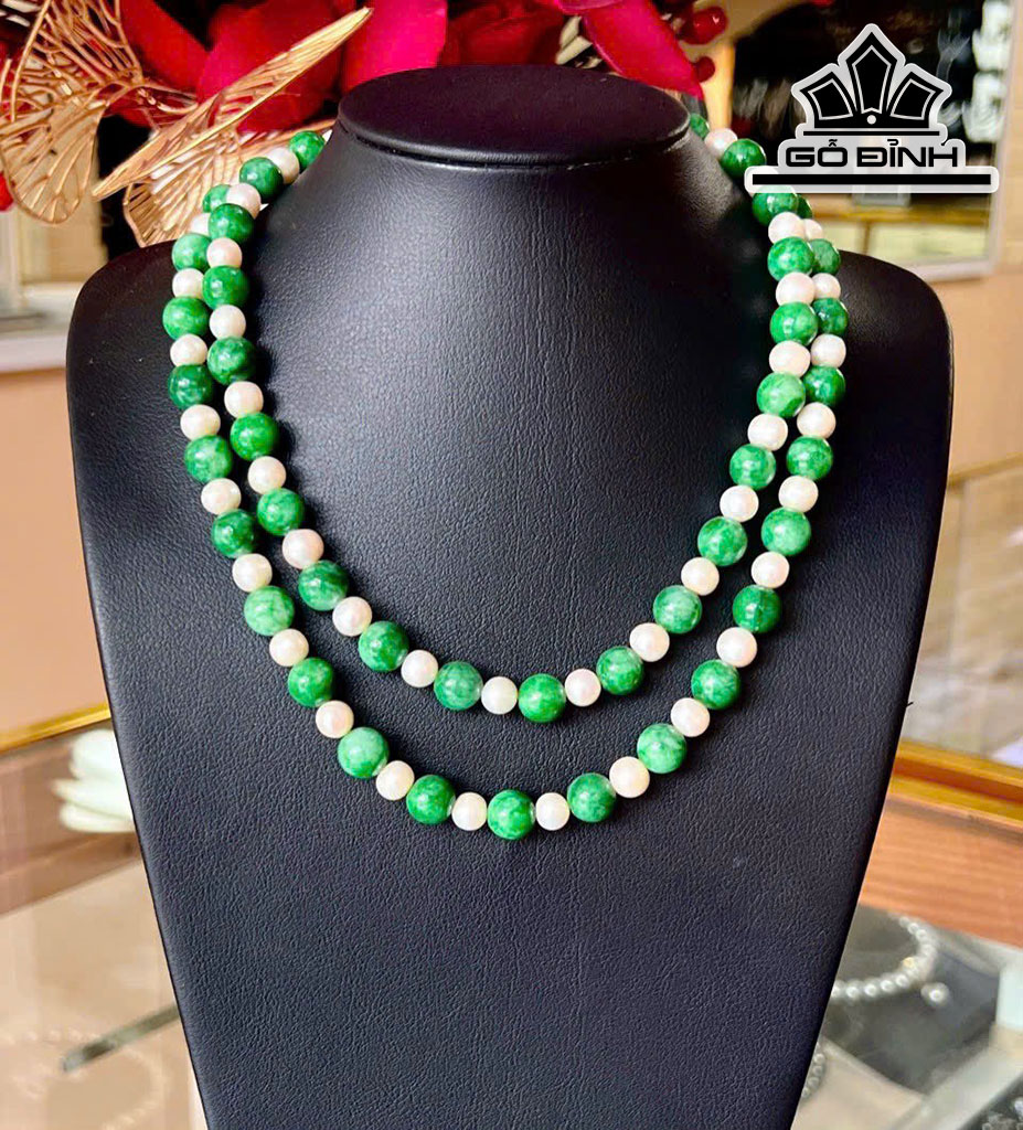 Vòng Cổ Ngọc Trai Oval Trắng Mix Mã Não Size 8 Li