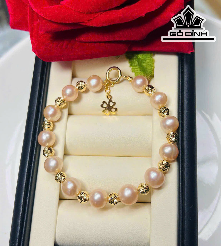 Vòng Tay Ngọc Trai Hồng Cam Mạ Vàng Size 5 Li