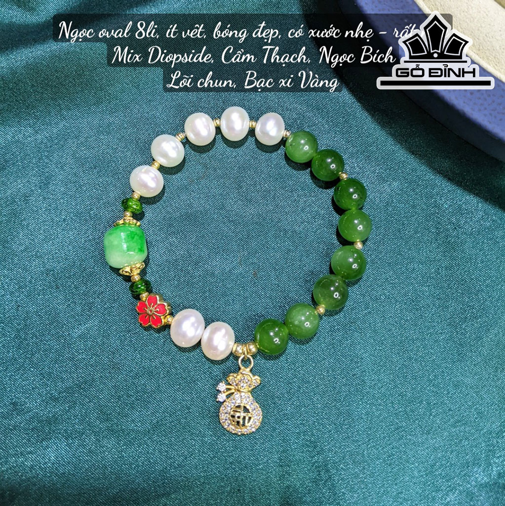 Vòng Tay Ngọc Trai Oval Mix Diopside - Cẩm Thạch - Ngọc Bích Size 8 Li