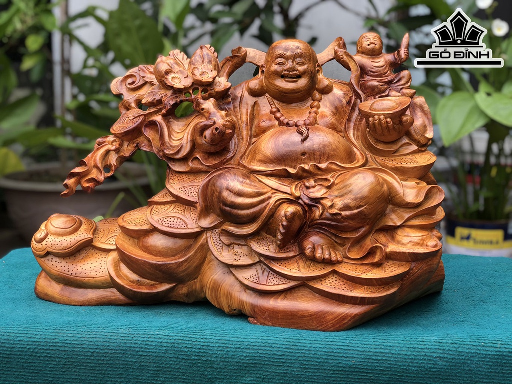 Tượng Phật Di Lặc Nhất Phúc Gỗ Hương Cao 38 Ngang 54 Sâu 25 (cm)