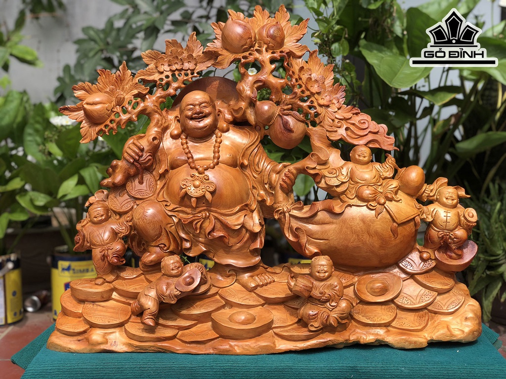 Tượng Phật Di Lặc Tam Phúc Gỗ Hương Cao 65 Ngang 82 Sâu 24 (cm)
