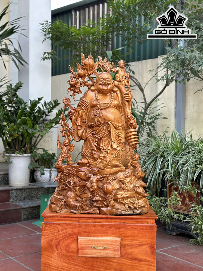 Tượng Phật Di Lặc Ngũ Phúc Gỗ Ngọc Am Cao Cả Kỷ 147 Riêng Tượng 105 Ngang 70 Sâu 40 (cm)