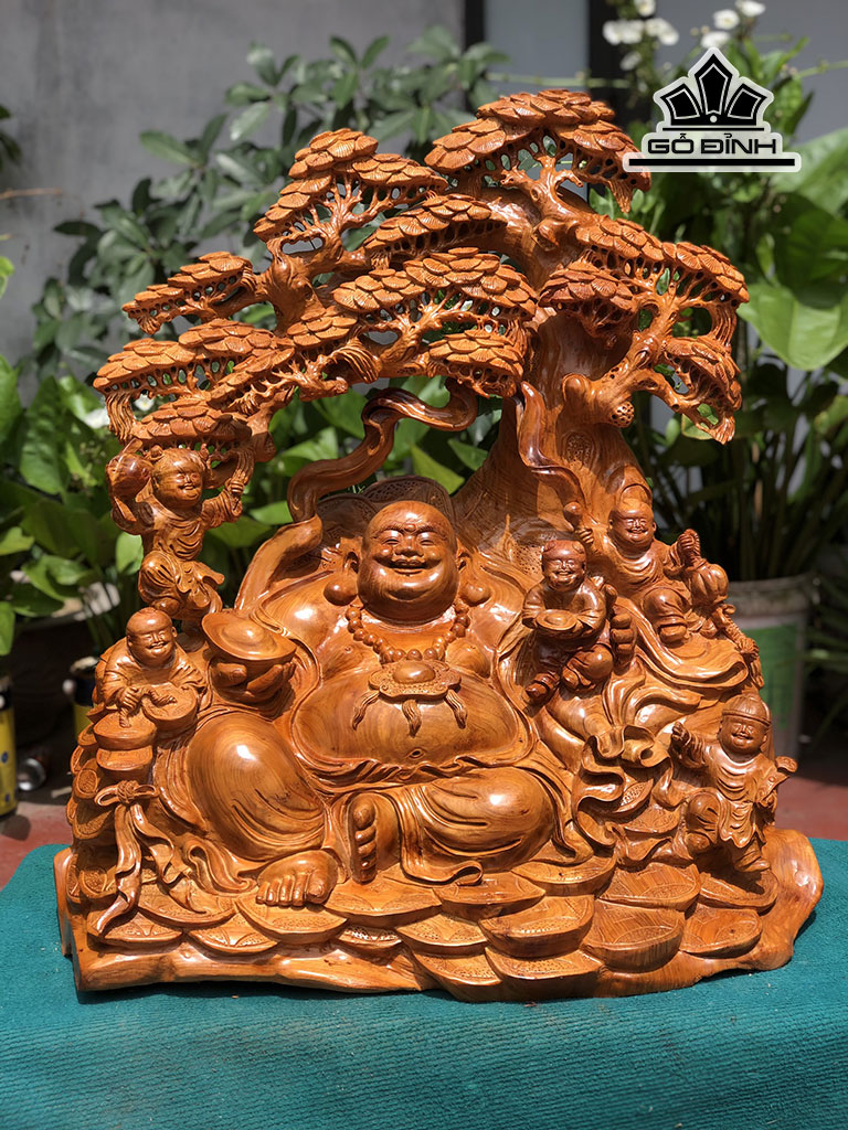 Tượng Phật Di Lặc Ngũ Phúc Ngự Gốc Tùng Gỗ Hương Cao 80 Ngang 74 Sâu 42 (cm)