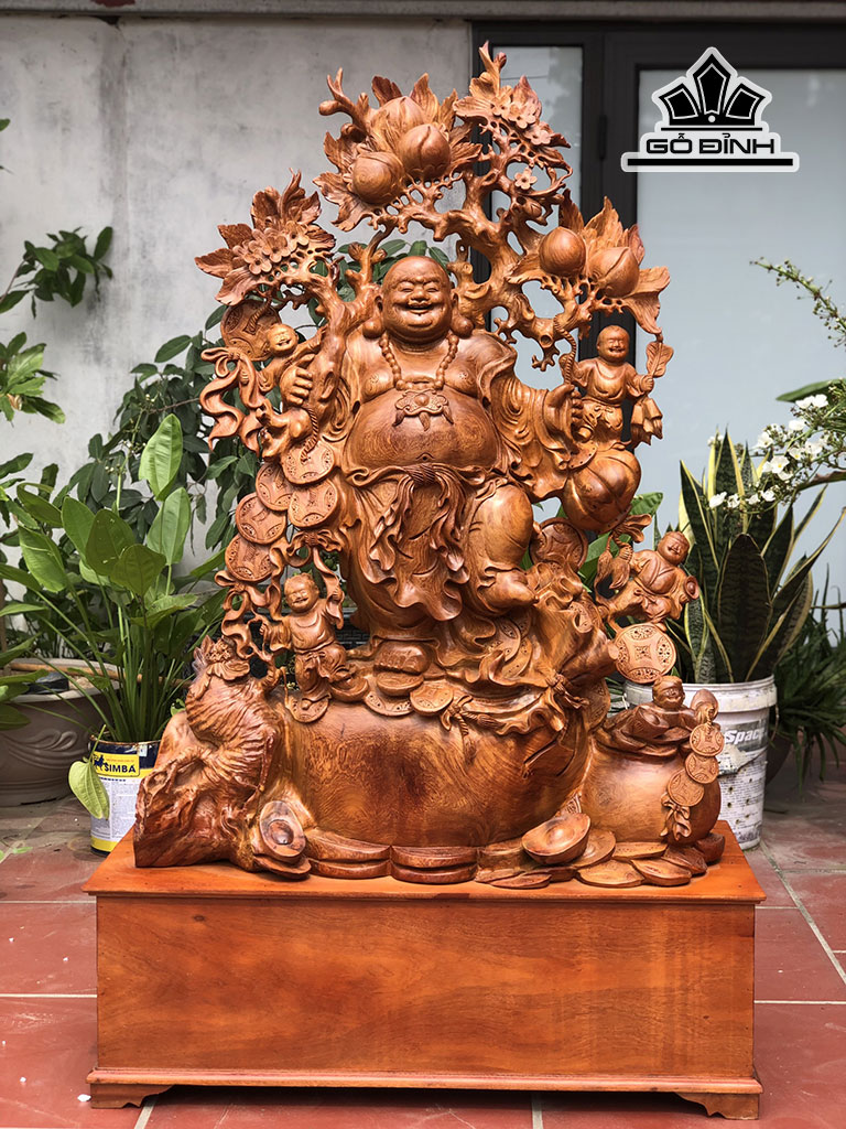Tượng Phật Di Lặc Ngũ Phúc Vác Đào Gỗ Hương Cao Cả Kỷ 142 Riêng Tượng 112 Ngang 82 Sâu 35 (cm)