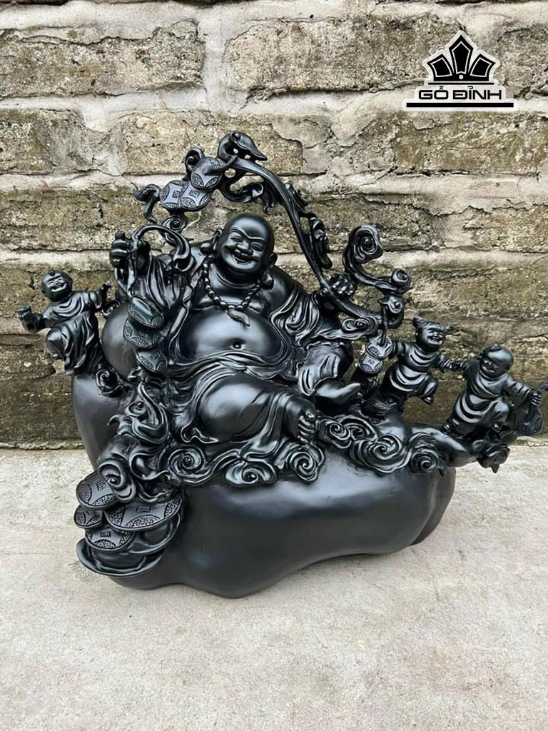 Tượng Phật Di Lặc Tam Phúc Gỗ Mun Sừng Cao 48 Ngang 57 Sâu 26 (cm)