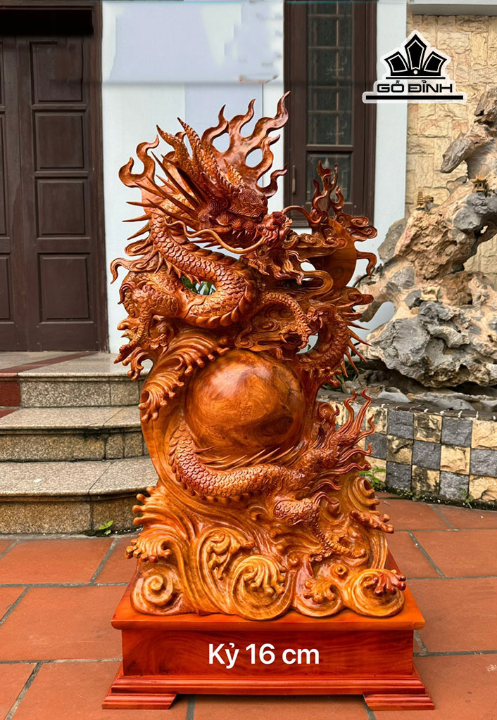 Tượng Nhất Long Vờn Ngọc Gỗ Hương Cao 113 Ngang 55 Sâu 30 (cm)