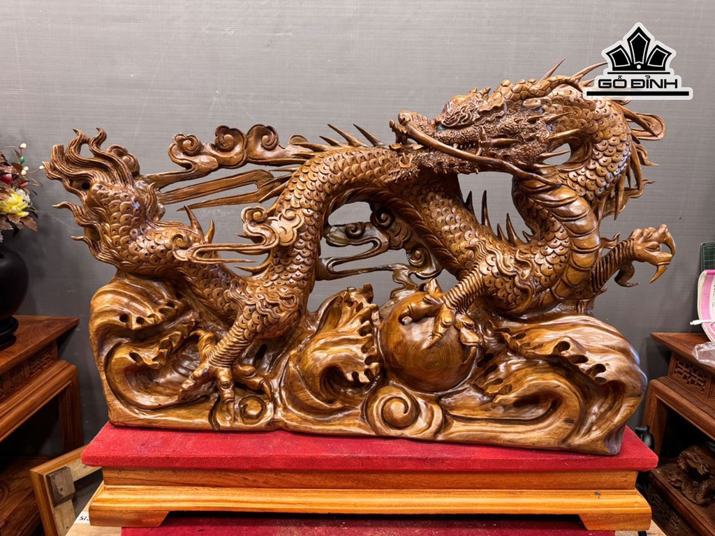 Tượng Nhất Long Bảo Châu Gỗ Ngọc Am Cao Cả Kỷ 54 Riêng Kỷ 10 Ngang 72 Sâu 22 (cm)