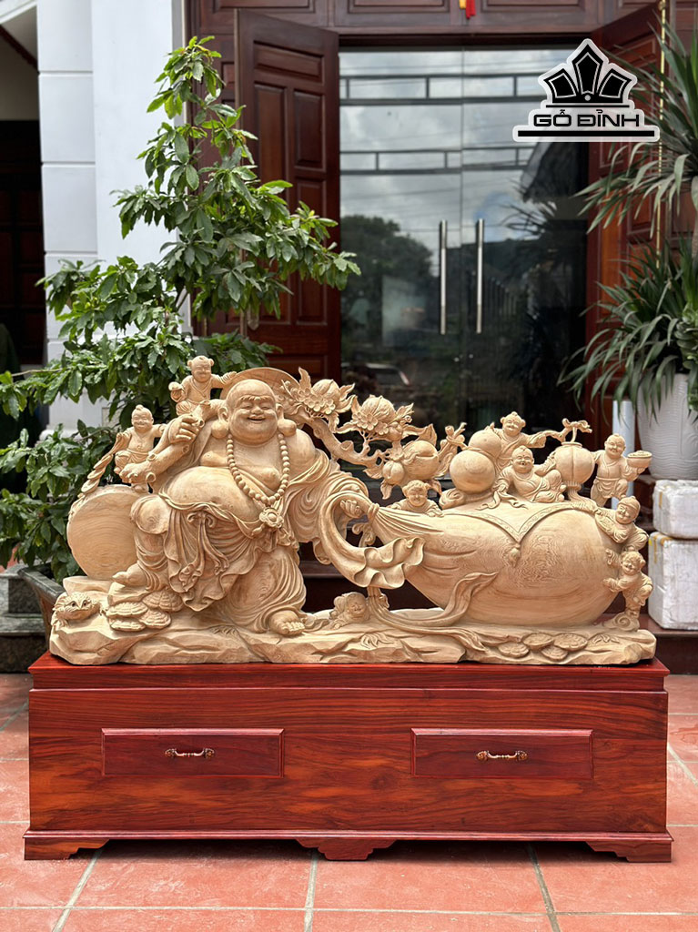 Tượng Phật Di Lặc Cửu Phúc Gỗ Ngọc Am Cao Cả Kỷ 118 Riêng Tượng 73 Ngang 148 Sâu 32 (cm)