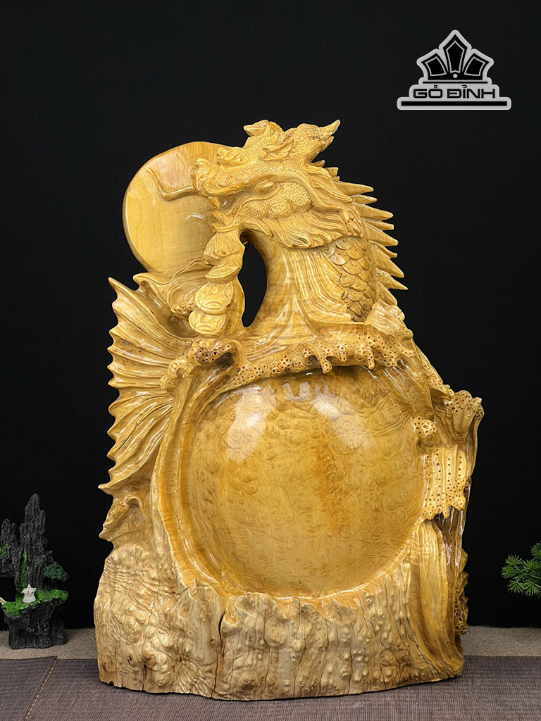 Tượng Cá Chép Hóa Rồng Gỗ Nu Kháo Cao Cả Kỷ 114 Riêng Tượng 58 Ngang 51 Sâu 26 (cm)