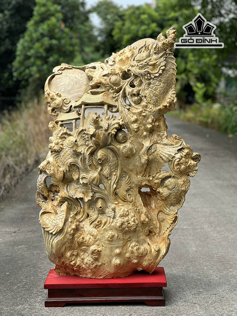 Tượng Cá Chép Hóa Rồng Gỗ Nu Nghiến Cao Cả Kỷ 114 Riêng Tượng 114 Ngang 70 Sâu 38 (cm)