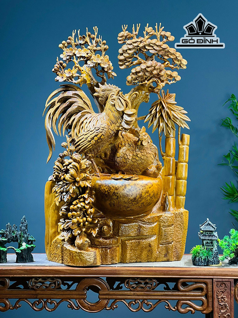 Tượng Gia Đình Gà Gỗ Nu Ngọc Am Cao 88 Ngang 50 Sâu 27 (cm)