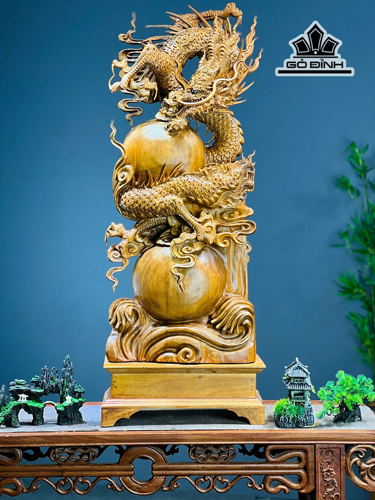 Tượng Nhất Long Vờn Ngọc Gỗ Ngọc Am Cao Cả Kỷ 107 Riêng Kỷ 15 Ngang 40 Sâu 20 (cm)