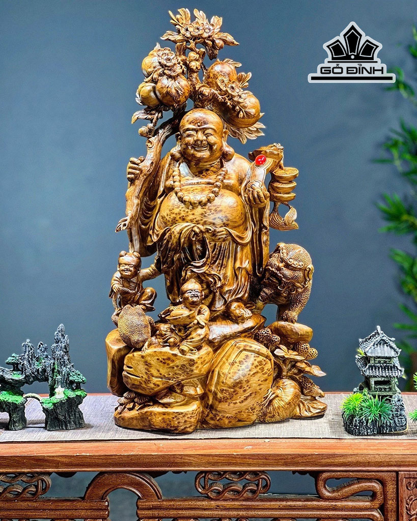 Tượng Phật Di Lặc Nhị Phúc Gỗ Nu Ngọc Am Cao 74 Ngang 39 Sâu 25 (cm)