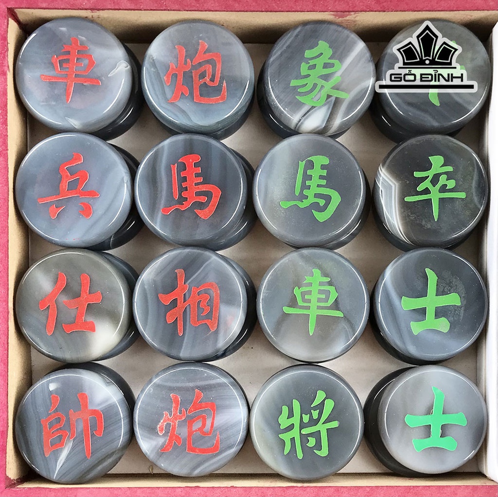 Bộ Cờ Tướng Đá Mã Não Vân Trân Bảo Quân Cờ Cao 5 Sâu 1,35 Hộp Đựng Cao 30 Ngang 22 Sâu 6 (cm) 2,8kg