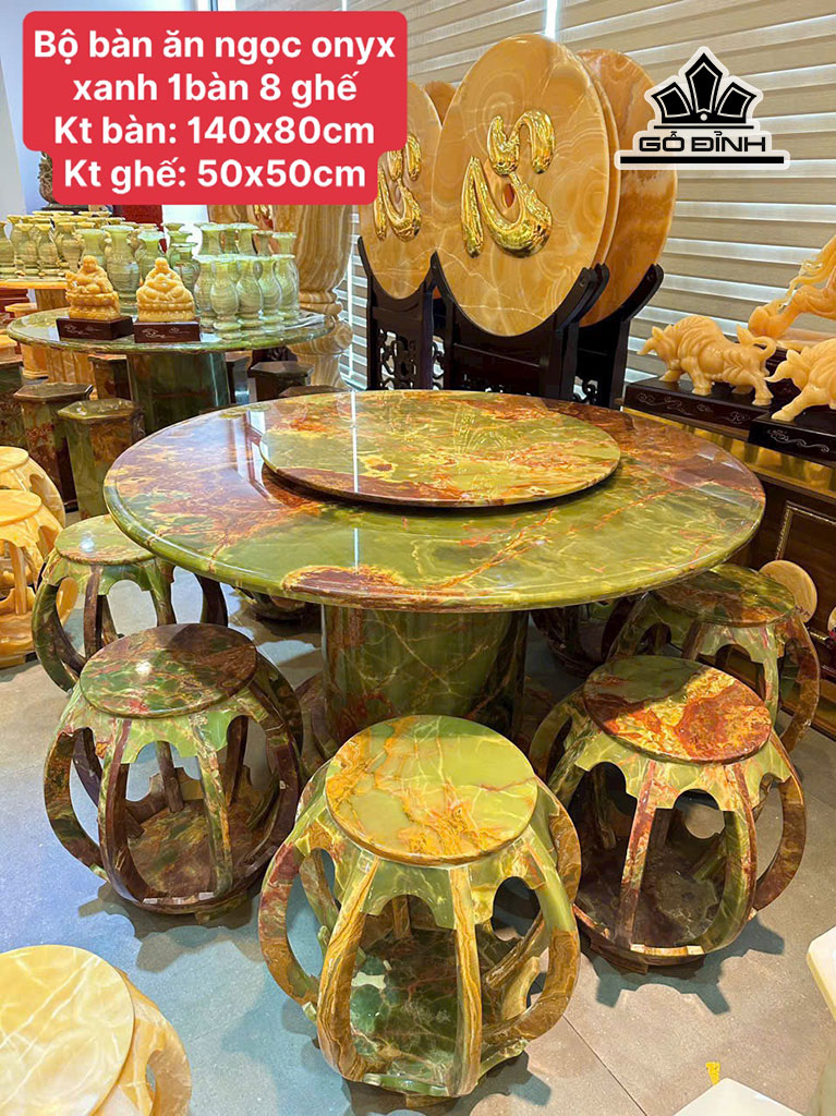 Bộ Bàn Ăn 8 Đôn Đá Onyx Bàn Cao 140 Ngang 80 Đôn Cao 50 Ngang 50 (cm)