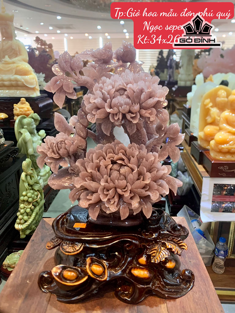 Tác Phẩm Giỏ Hoa Mẫu Đơn Phú Quý Đá Serpentine Cao 42 Ngang 28 Sâu 15 Riêng Đá Cao 34 Ngang 26 Sâu 10 (cm)