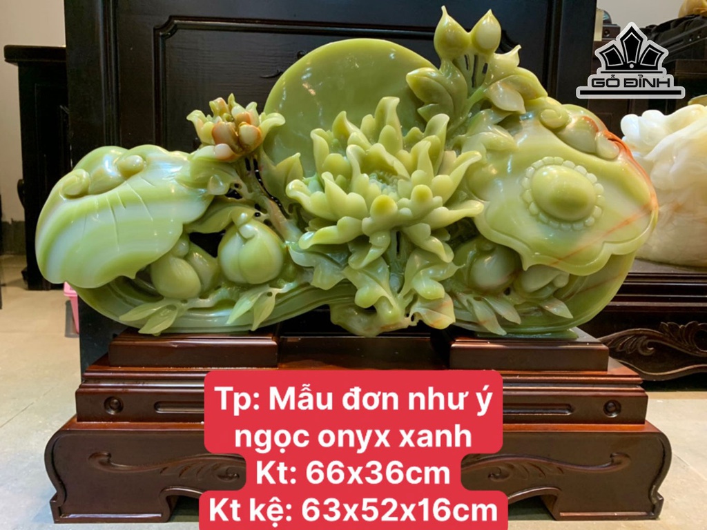 Tác Phẩm Mẫu Đơn Như Ý Đá Onyx Xanh Cao 63 Ngang 52 Sâu 16 Riêng Đá Cao 66 Ngang 36 (cm)