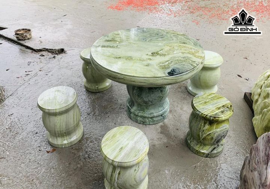 Bộ Bàn 6 Đôn Đá Serpentine Đường Kính 90 Sâu 10 (cm)