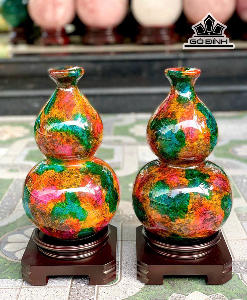 Cặp Bình Hồ Lô Tứ Quý Lông Công Đá Malachite Cao 21 Đường Kính Bụng 16 (cm) 9,8kg