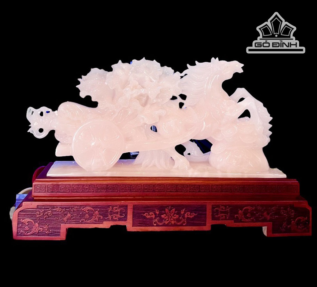 Tác Phẩm Ngựa Kéo Bắp Cải Đá Onyx Hồng Cao 38 Ngang 57 (cm)