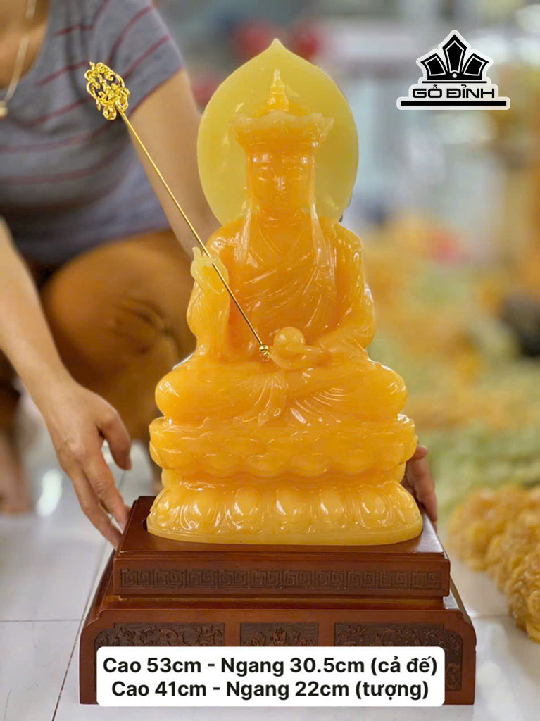 Tượng Địa Tạng Vương Bồ Tát Đá Ngọc Hoàng Long Cao 53 Ngang 30,5 Riêng Đá Cao 41 Ngang 22 (cm)