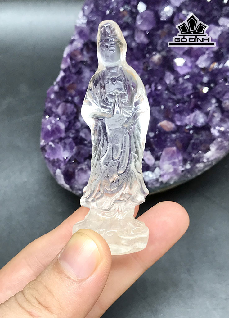 Tôn Tượng Quán Âm Đá Thạch Anh Trắng Trong Cao 7,5 Ngang 2,8 Sâu 2,3 (cm)