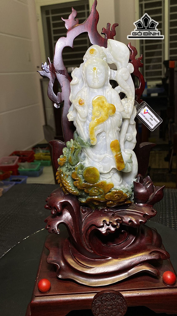 Tượng Phật Bà Quan Âm Đá Cẩm Thạch Cao 20,8 Ngang 10,1 Sâu 4,7 (cm) 1,1kg