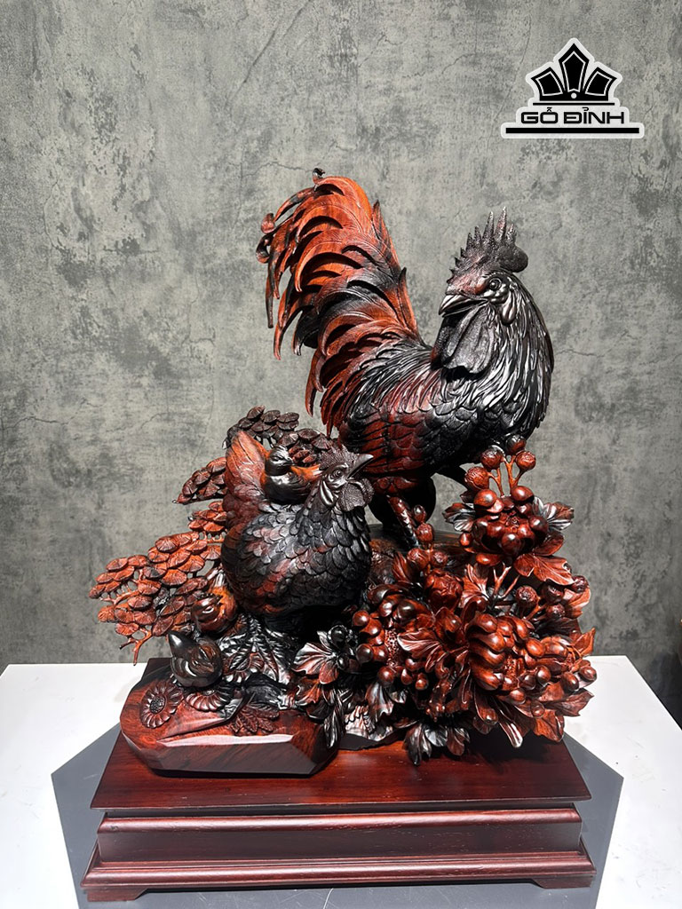 Tượng Gia Đình Gà Gỗ Trắc Cao Cả Kỷ 71 Ngang 52 Sâu 39 (cm)