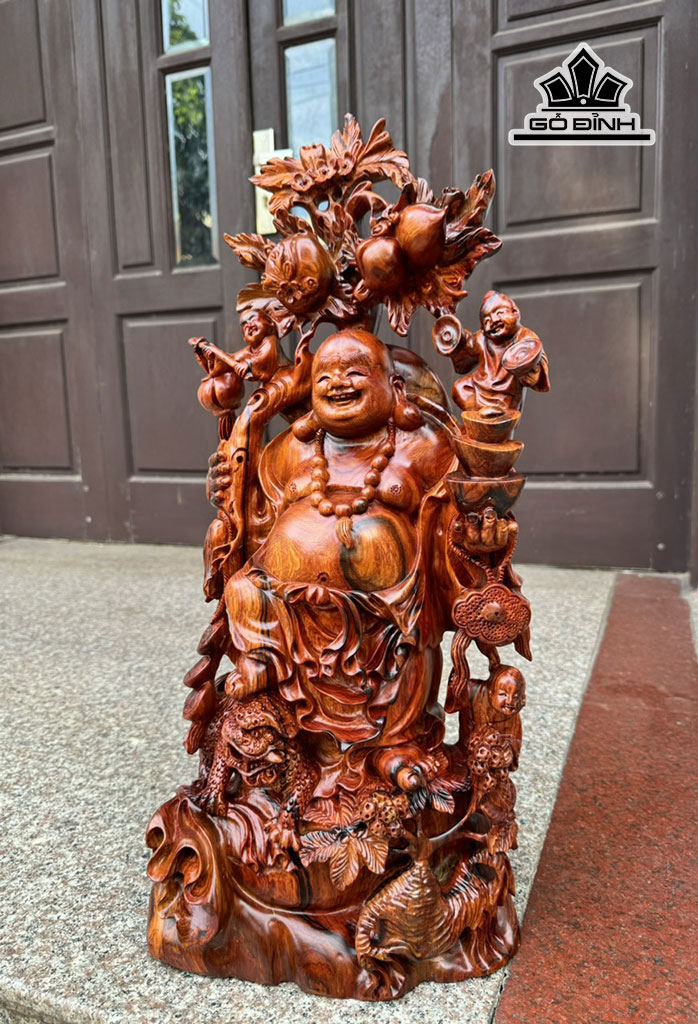 Tượng Phật Di Lặc Tam Phúc Thuần Nghê Gỗ Cẩm Cao 61 Ngang 29 Sâu 18 (cm)