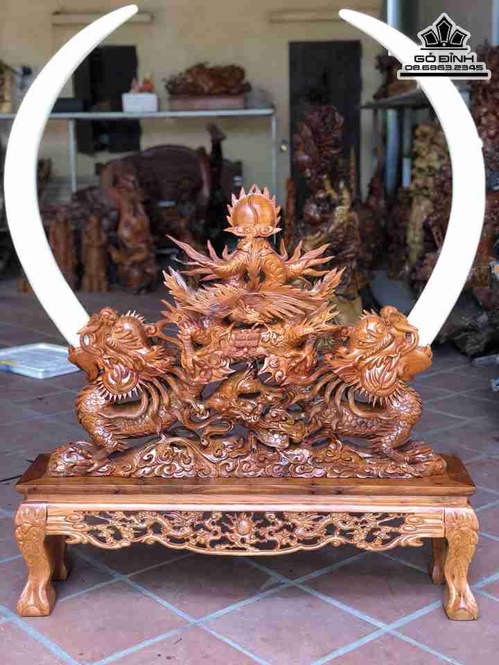 Tượng Long Lân Quy Phụng gỗ hương  cao 140 rộng 107 sâu 28 (cm)