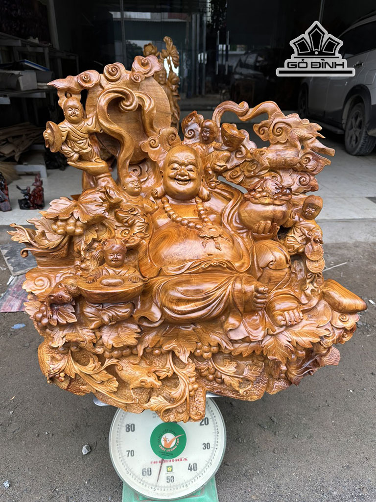 Tượng Phật Di Lặc Ngũ Phúc Gỗ Hương Cao 68 Ngang 75 Sâu 39 (cm)