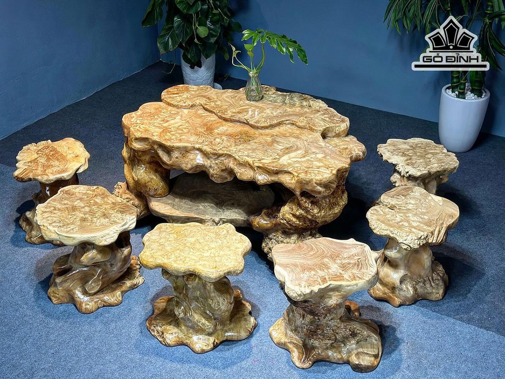 Bộ Bàn Trà Gốc Cây Gỗ Nu Ngọc Nghiến Cao 63 Ngang 118 Sâu 80 - Đôn Cao 40 Ngang 34x38 Sâu 35x40 (cm)