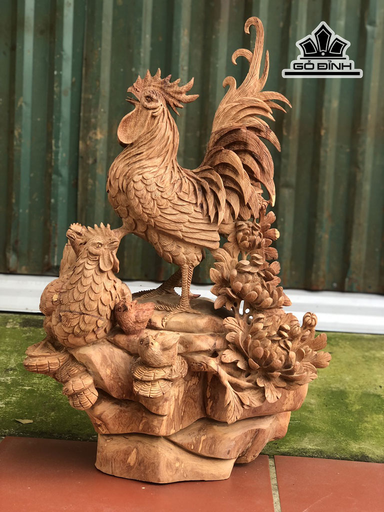 Tượng Gia Đình Gà Gỗ Hương Cao 80 Ngang 52 Sâu 27 (cm)