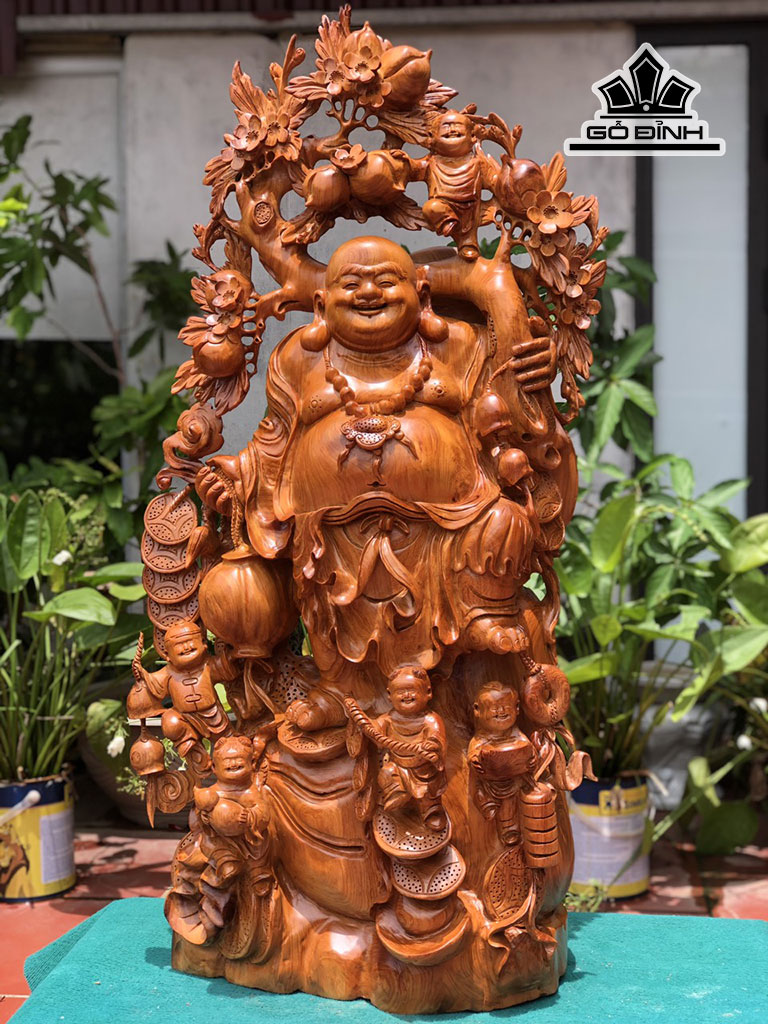 Tượng Phật Di Lặc Ngũ Phúc Vác Đào Gỗ Hương Cao 112 Ngang 52 Sâu 33 (cm)