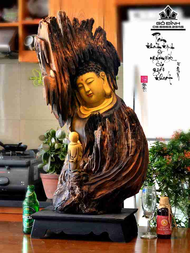 Tượng Diện Phật gỗ bách xanh  cao 85 ngang 36 dày 25 (cm)