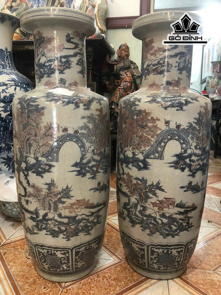 Đôi Bình Men Rạn Vẽ Sơn Thủy Cao 102 (cm)