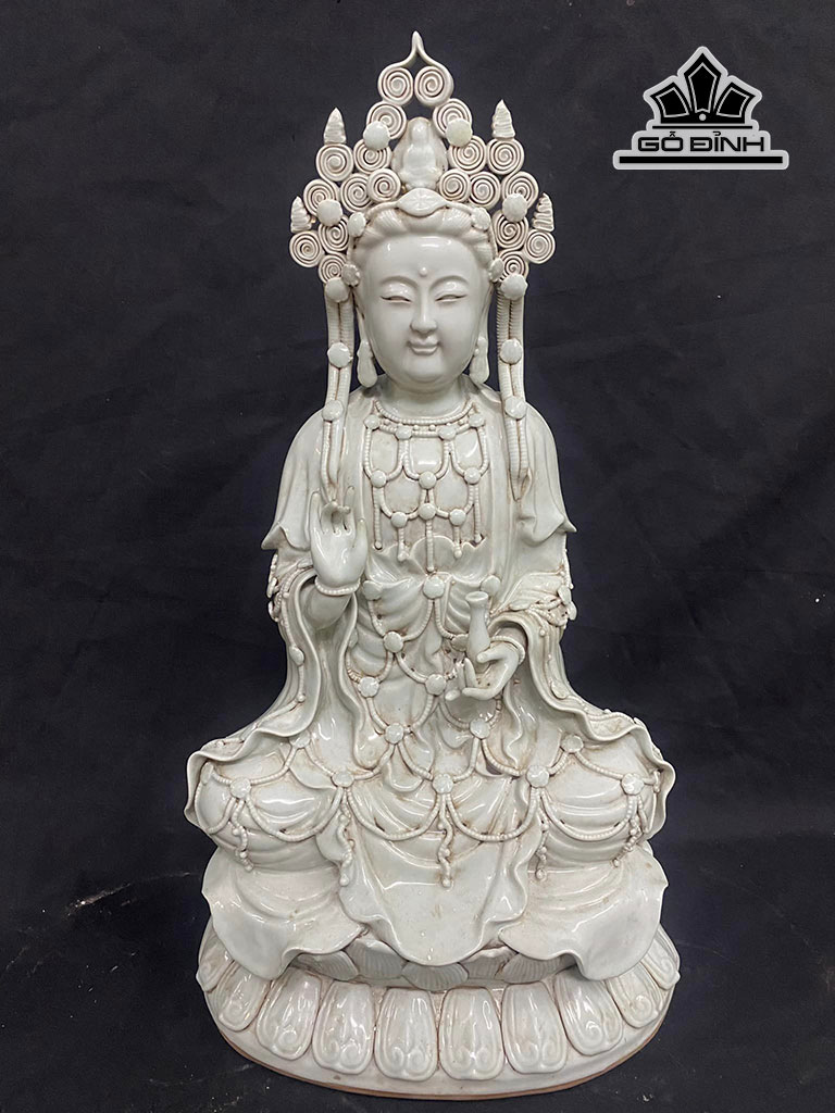 Tượng Phật Bà Men Xanh Ngọc Gốm Tàu Cao 52 Ngang 30 (cm)