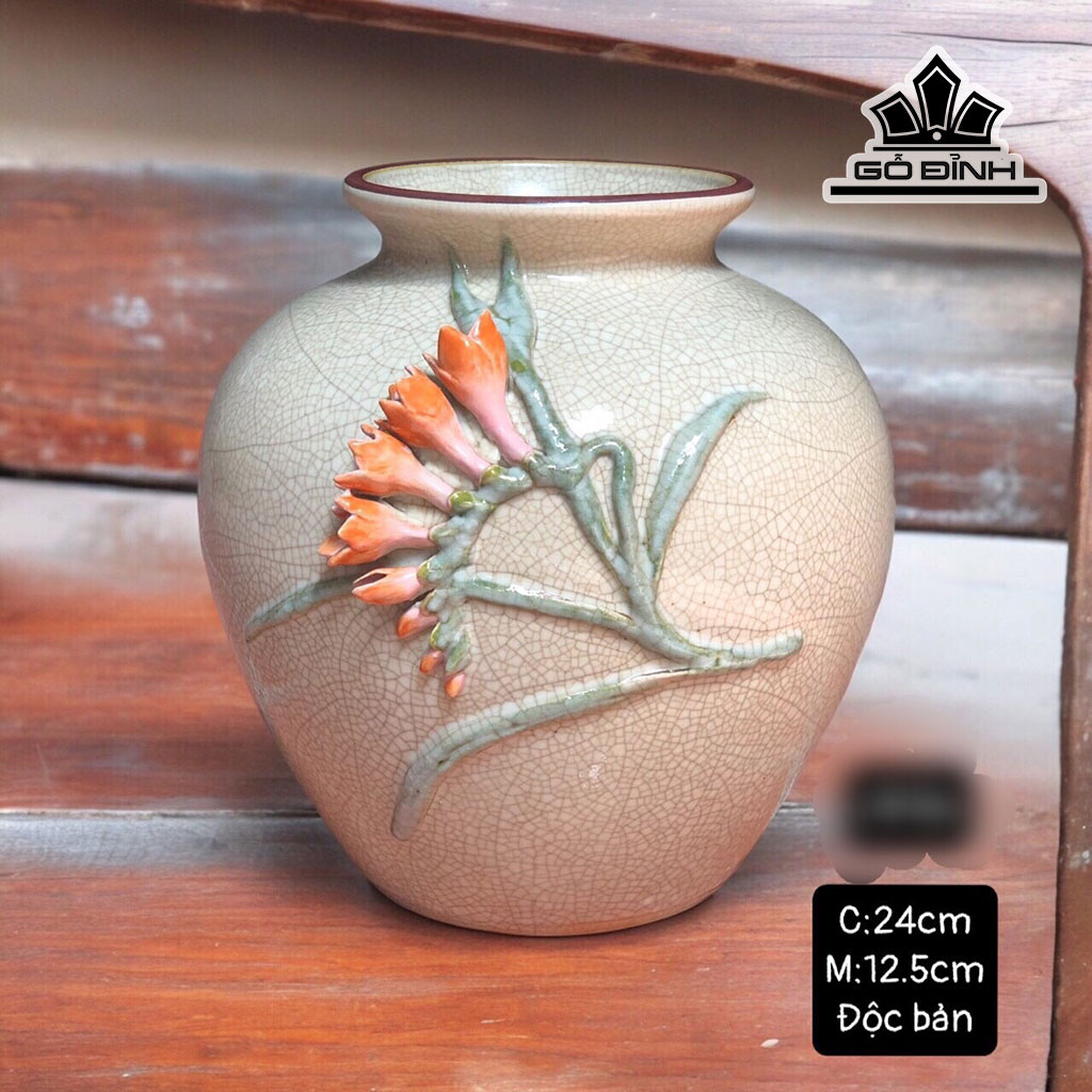 Bình Hoa Đắp Nổi Gốm Bát Tràng Cao 24 Miệng 12,5 (cm)