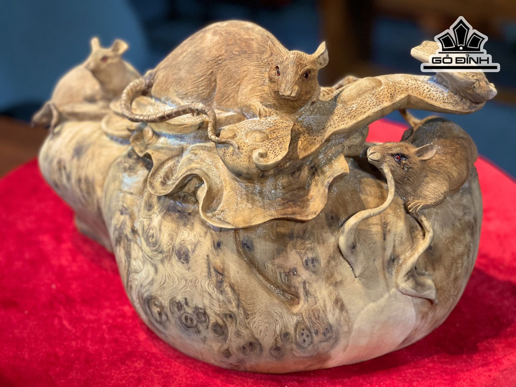 Tượng Gia Đình Chuột Phong Thủy Gỗ Nu Ngọc Am Cao 26 Ngang 41 Sâu 20 (cm)