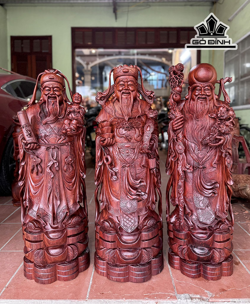 Tượng Phúc Lộc Thọ (Tam Đa) Gỗ Tử Đàn Đỏ Cao 107 Ngang 36 Sâu 34 (cm)