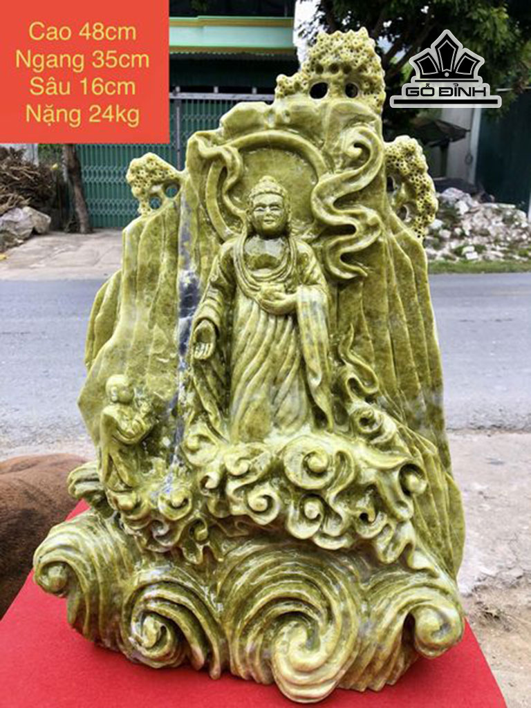 Tác Phẩm Nhất Tâm Bái Phật Đá Serpentine Cao 48 Ngang 35 Sâu 16 (cm) 24kg