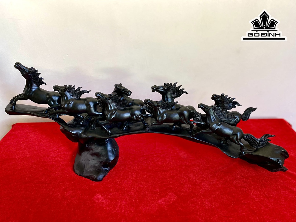 Tượng Bát Mã Gỗ Mun Sừng Cao 30 Ngang 70 Sâu 15 (cm)