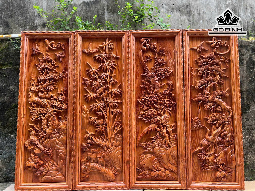 Tranh Tứ Quý Gỗ Hương Đá Kích Thước 37x107x4 (cm)