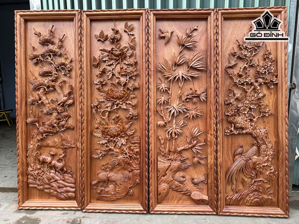 Tranh Tứ Quý Gỗ Hương Đá Kích Thước 42x127x5 (cm)