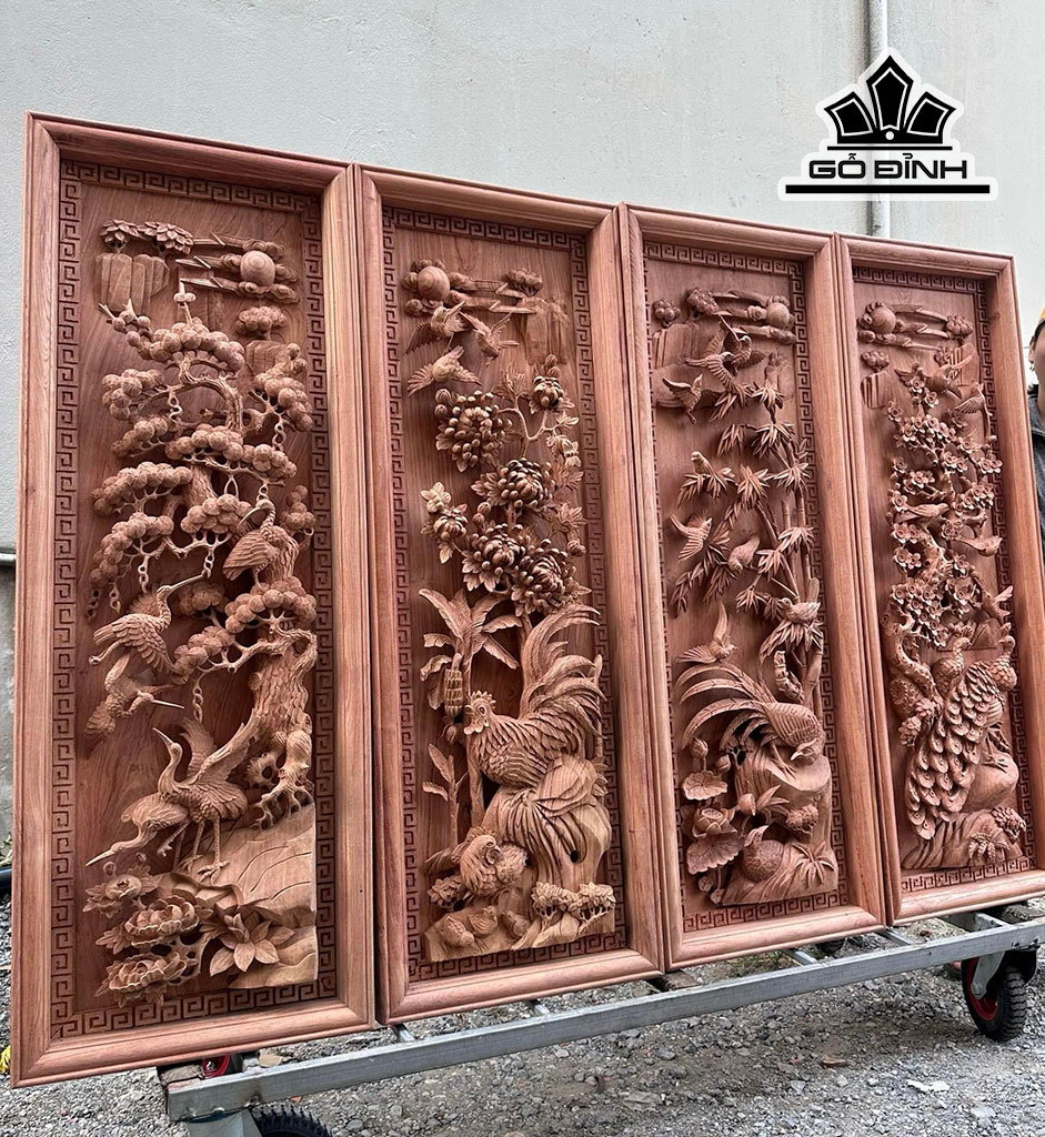 Tranh Tứ Quý Gỗ Hương Đá Kích Thước 47x133x7 (cm)